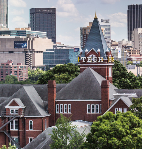 Georgia Tech's iconic Tech Tower with the Atlanta midtown skyline in the background