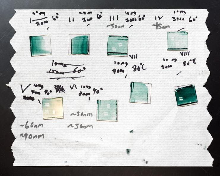 <p>Electronic polymer films on glass. Researchers Vary coating speed, temperature, ink concentration and other things to optimize film thickness and roughness. Credit: Georgia Tech / Rob Felt</p>