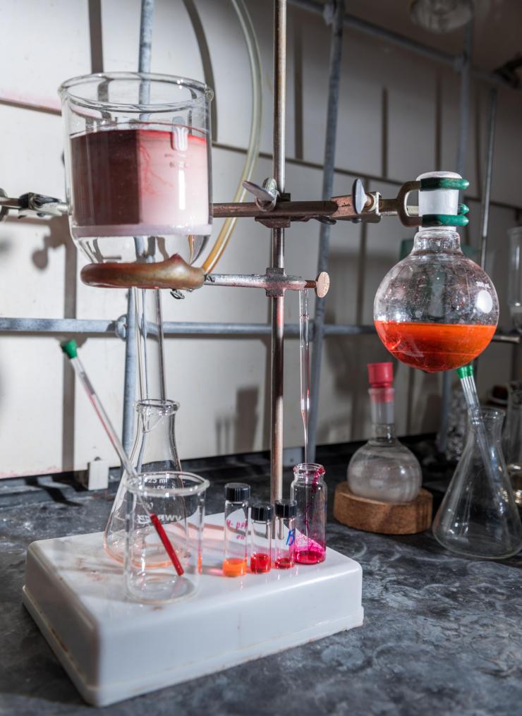 <p>Synthetic chemistry hood during the preparation and purification of monomers used for polymerization of multistage polymers. Credit: Georgia Tech / Rob Felt</p>