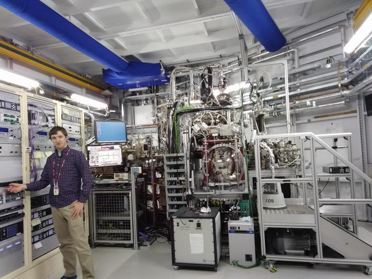 <p>Binghamton University Ph.D. student Zachary Lebens-Higgins at Diamond Light Source in the United Kingdom, where Georgia Tech neuromorphic computing materials were previously tested. At the National Synchrotron Light Source II, BU physicists will use Electron Spectro-Microscopy (ESM) and Spectroscopy Soft and Tender to observe quantum properties in the Georgia Tech materials. Credit: Binghamton University</p>