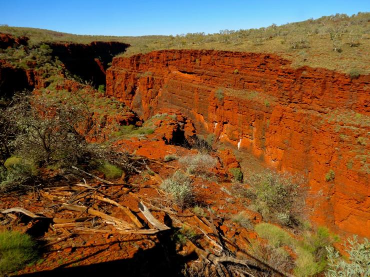 <p>This risen sea floor is red like rust. As oxygen built up in the waters, iron, which was a plentiful, powerful chemical reactant, rusted and dropped out of solution. Karijini National Park Banded Iron Formations, Australia. Credit: Georgia Tech / Jennifer Glass</p>