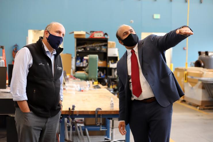 <p>Paul M. Dabbar, undersecretary for science at the U.S. Department of Energy, and Devesh Ranjan, associate chair for Research in the George W. Woodruff School of Mechanical Engineering, tour the Carbon Neutral Energy Solutions Laboratory on Sept. 25, 2020. Photo by Ashley Ritchie</p>