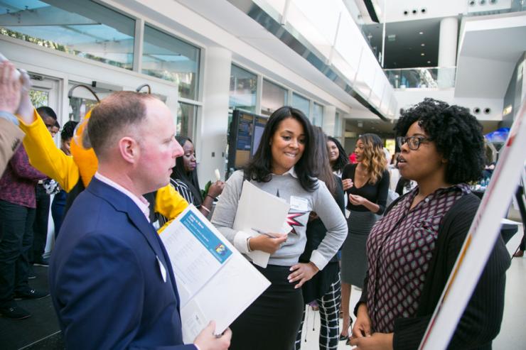 <p>Judges Jay Cranman (Hands On Atlanta), Theia Smith (Women's Entrepreneurship Initiative)  and Buzz with Ideas Track Winner project, Nopneu</p>