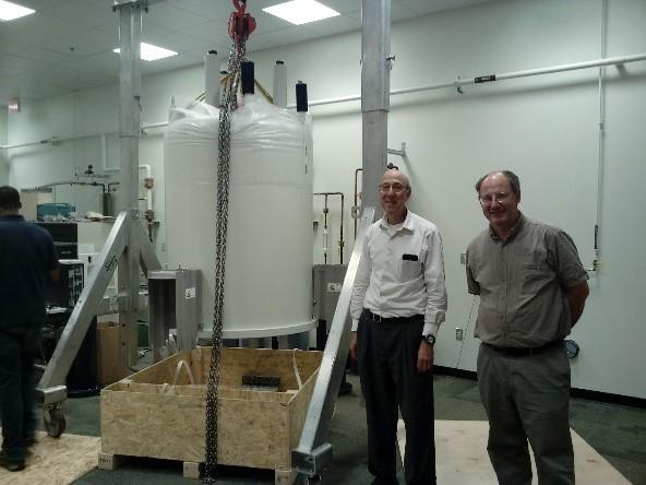 <p>Leslie Gelbaum and Johannes Leisen during unpacking of new NMR instruments in July 2016. Photo by Julia Kubanek.</p>