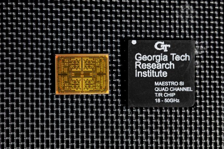 <p>Image shows a bare die (left) and fully packaged flip-chip ball grid array (FCBGA) quad-channel T/R module. (Credit: Sean McNeil, GTRI)</p>