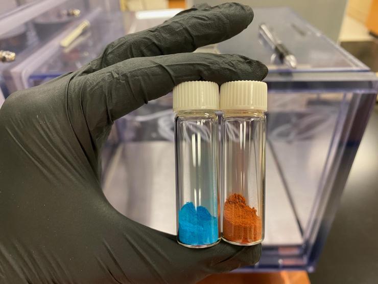 <p>Metal-organic frameworks (MOFs) are a class of porous and crystalline materials that are synthesized from inorganic metal ions or clusters connected to organic ligands. Shown are two such materials, HKUST-1 and MIL-100(Fe). (Credit: Tania Evans, Georgia Tech)</p>