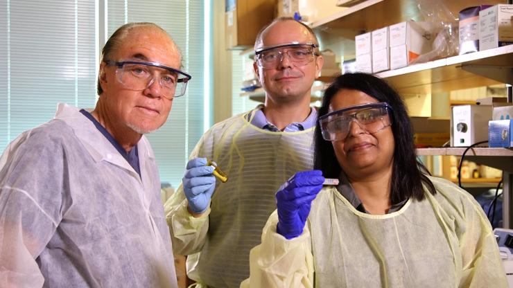 <p>Ovarian cancer researchers (left to right) John McDonald, Roman Mezencev and Minati Satpathy in McDonald's lab at Georgia Tech. Credit: Georgia Tech / Micah Eavenson / Adam Karcz</p>