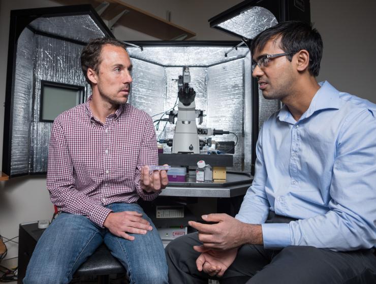 <p>Through the counterintuitive move of adding electronic white noise, Daniel Potter (left) and Ahmad Haider (right) significantly increased the precision of atomic force microscopy to measure the walls of energy wells during molecular interactions. Their advancement could help biotech researchers observe fine details of biomolecular interactions.</p>

<p>Credit: Georgia Tech / Rob Felt</p>