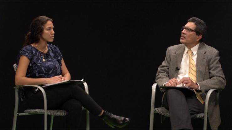 <p>Marisa Cepeda (left) moderates a panel session with GTRI Senior Research Engineer Alvaro Marenco in December 2021. Marenco discussed the importance of providing students with a strong STEM foundation early on. (Photo Credit: Marisa Cepeda)</p>