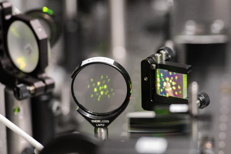 <p>Laser light in the visible range is processed for use in the testing of quantum properties in materials in Carlos Silva's lab at Georgia Tech. Credit: Georgia Tech / Allison Carter</p>