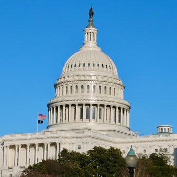 Picture of the US Capitol Building dome with a clear blue sky background.