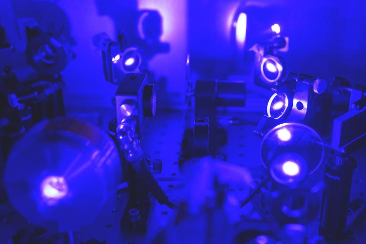 <p>Laser light in the visible range is processed for use in the testing of quantum properties in materials in Carlos Silva's lab at Georgia Tech. Credit: Georgia Tech / Rob Felt</p>