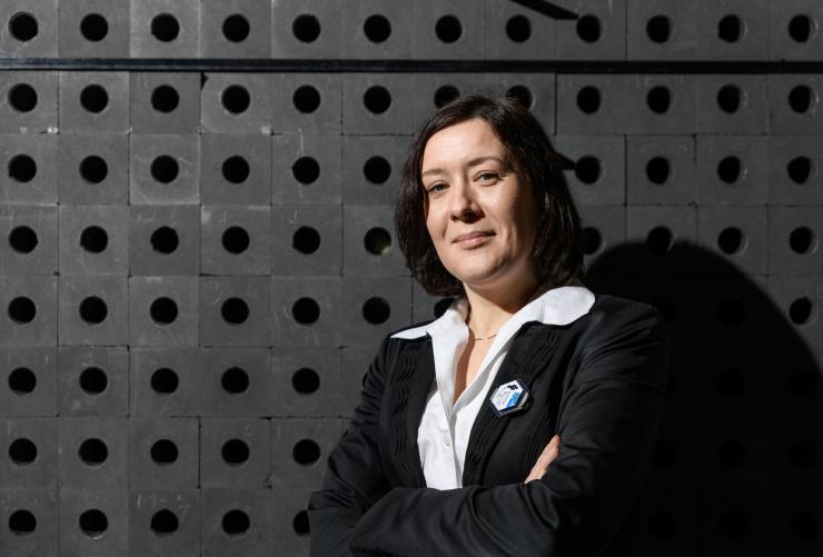 <p>Anna Erickson, associate professor in Georgia Tech’s George W. Woodruff School of Mechanical Engineering, is shown in front of a subcritical graphite pile used to teach nuclear reactor physics principles. (Photo: Rob Felt, Georgia Tech)</p>