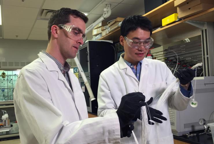 <p>Georgia Tech Assistant Professor Ryan Lively (left) and Postdoctoral Fellow Dong-Yeun Koh hold bundles of hollow polymer fibers that serve as precursors for the carbon membrane fiber used to separate alkyl aromatic chemicals. (Credit: John Toon, Georgia Tech)</p>