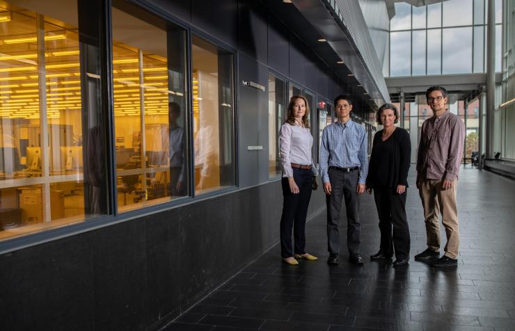 <p>GTRI researchers Brooke Beckert, Nicholas Guise, Alexa Harter and Adam Meier are shown outside the cleanroom of the Institute for Electronics and Nanotechnology at the Georgia Institute of Technology. (Credit: Branden Camp, Georgia Tech)</p>