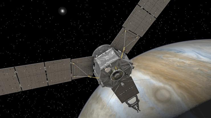 <p>This illustration depicts NASA's Juno spacecraft at Jupiter, with its solar arrays and main antenna pointed toward the distant sun and Earth. Artist's concept. Courtesy NASA.</p>