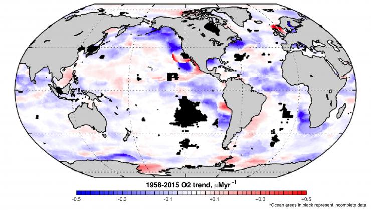 <p>Global map of the linear trend of dissolved oxygen at the depth of 100 meters. (Credit: Georgia Tech)</p>