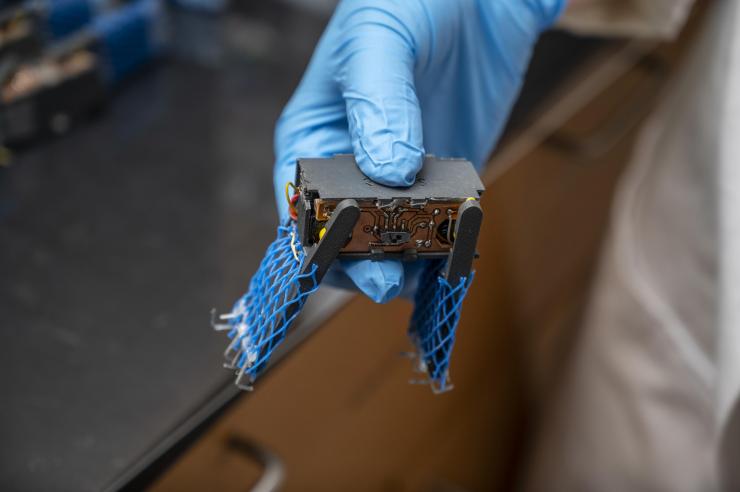 Closeup of a smart active particle (smarticle), a simple robot used to study interactions similar to those of the “worm blobs” formed by California blackworms. (Credit: Christopher Moore, Georgia Tech)