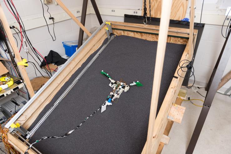 <p>Image shows a robot – dubbed “MuddyBot” – that used the locomotion principles of the mudskipper to move through a trackway filled with granular materials. The robot used two limbs and a powerful tail to move through the trackway, which could be raised to provide a sloping surface. (Credit: Rob Felt, Georgia Tech)</p>