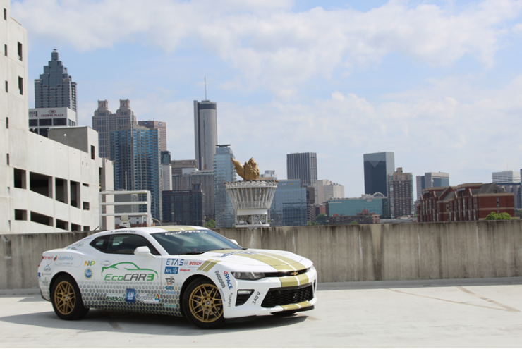 <p>Georgia Tech EcoCAR 3 pictured against the Atlanta skyline</p>