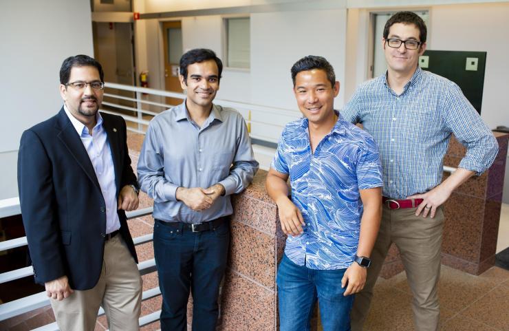 <p>Muhannad Bakir (far left) and Emory's Samuel Sober (far right) combined forces for the project. The work will be led by post-doctoral fellows in their labs, Georgia Tech's Muneeb Zia (center left) and Emory's Bryce Chung (center right).</p>