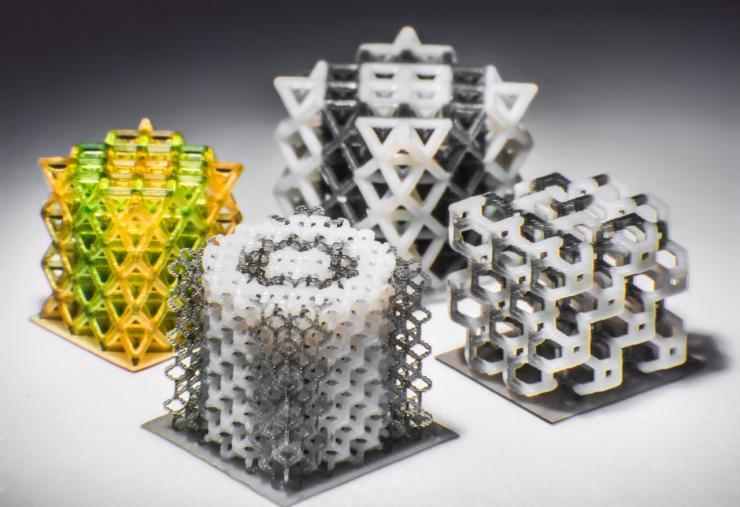 <p>Multi-material micro-lattice polymeric structures fabricated using 3D printing. (Kavin Kowsari/UConn Photo)</p>