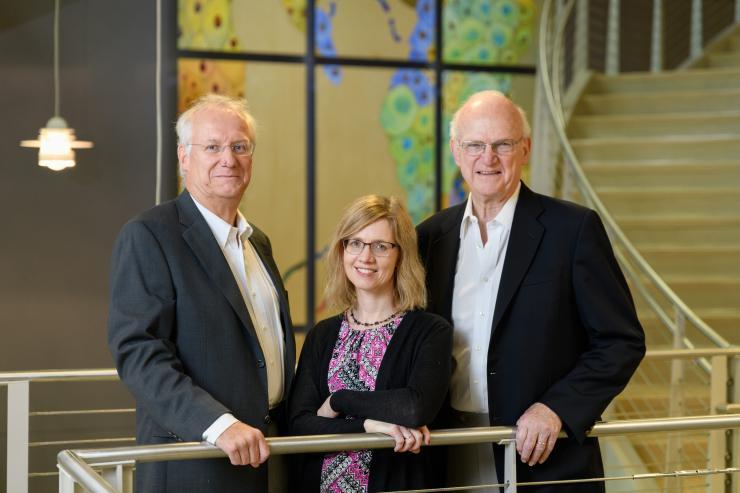 <p>Andreas Bommarius, a professor in the School of Chemical and Biomolecular Engineering, Martha Grover, a professor in the School of Chemical and Biomolecular Engineering, and Ron Rousseau, a professor and Cecil J. "Pete" Silas Chair Emeritus in the School of Chemical and Biomolecular Engineering (Credit: Rob Felt)</p>