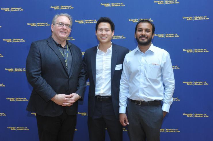 <p>Accepting the award on the chapter's behalf was, from left, Professor Chris Luettgen, Associate Director of RBI and former chairman of TAPPI; and Thomas Kwok and Chinmay Satam, both officers within GT TAPPI.</p>