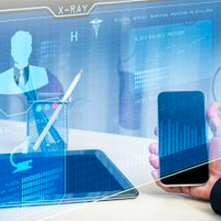 White hand holding a smartphone with an opaque digital screen in front.