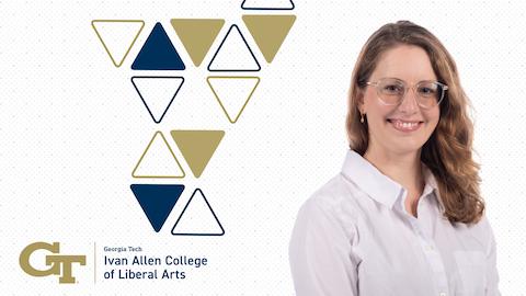 a photo of Associate Professor Amanda Weiss against a Georgia Tech geometric background