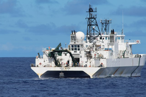 <p>One of two ships involved in collecting data for the study sailing in the North Pacific Subtropical Gyre. Photo credit: Tara Clemente.</p>