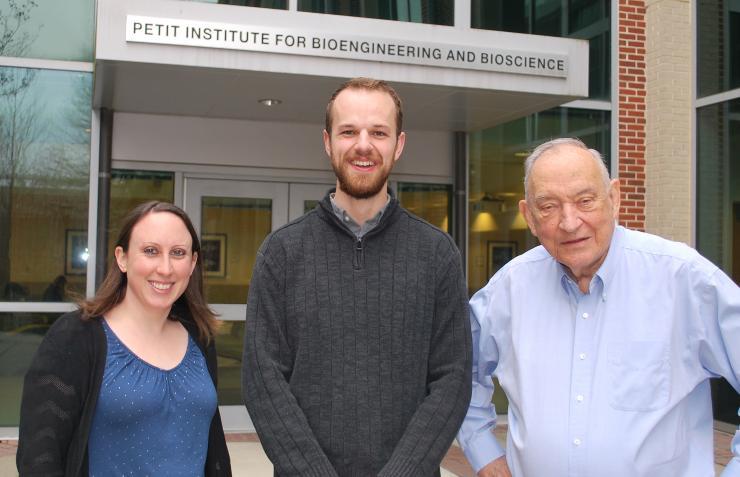 <p>Nerem Travel Award winners Anne Marie Sweeney-Jones and Michael Hunckler meet with Petit Institute founding director Bob Nerem.</p>