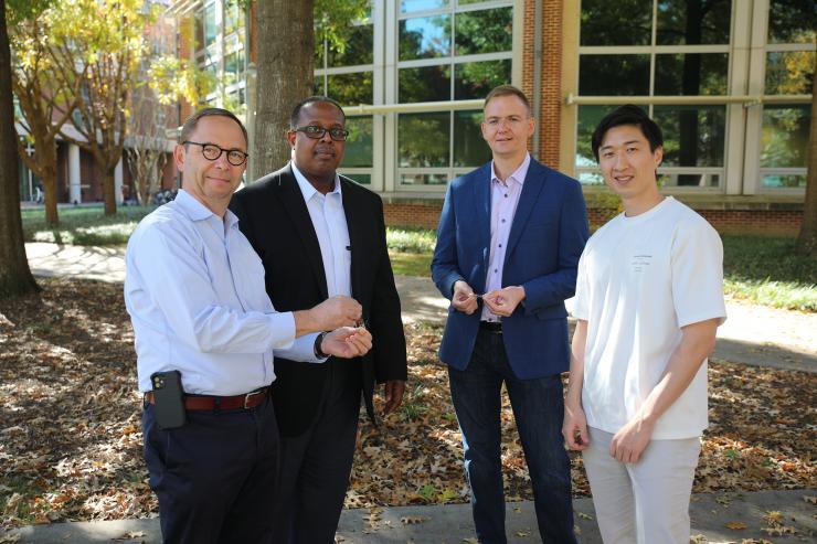 <p>Three engineering labs at Georgia Tech collaborated to demonstrate a new level of stretchability of a photodetector. Pictured above is first author Youngrak Park (right) with the lab leads (L to R) Bernard Kippelen,  Samuel Graham, and Olivier Pierron. (Photo credit: Ben Wright, Georgia Tech)</p>