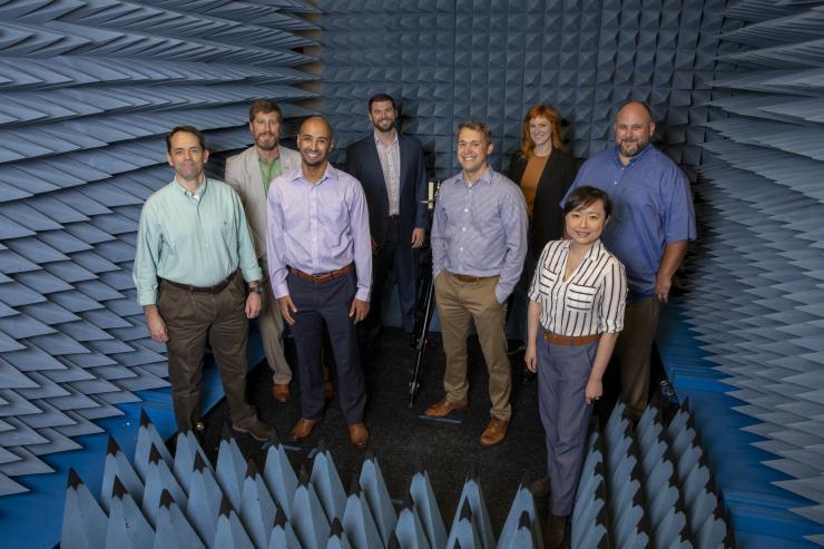 <p>A multidisciplinary team of Georgia Tech researchers, pictured in GTRI's radar and antenna characterization laboratory, will bring their expertise to the hypersonics challenge. L to R: James Brent Peavy, William Jud Ready, Anirban Mazumdar, Kenneth Allen, David Reid, Aimee Williams, Ellen Yi Chen Mazumdar, Aaron Stebner (Photo credit: Sam McNeil, GTRI)</p>