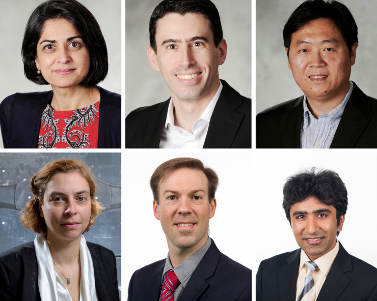 <p>(Clockwise from upper left) Pamela Bhatti, Matthieu Bloch, Wenshan Cai, Tushar Krishna, Lukas Graber, and Alenka Zajic</p>