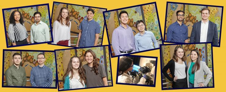 <p>The Petit Scholars and their mentors are staying active: (Clockwise from top left) Milan Riddick and Pranav Kalelkar, Berna Aliya and Mahir Mohiuddin, Kevin Tao and Ida Su, Krishna Pucha and Jay McKinney, Rachel Fitzgerald and Asheley Chapman, Mariana Holguin-Lopez at work in the lab, Ana Cristian and Kalina Paunovska, and Kasey Cervantes with Yan Fang.</p>