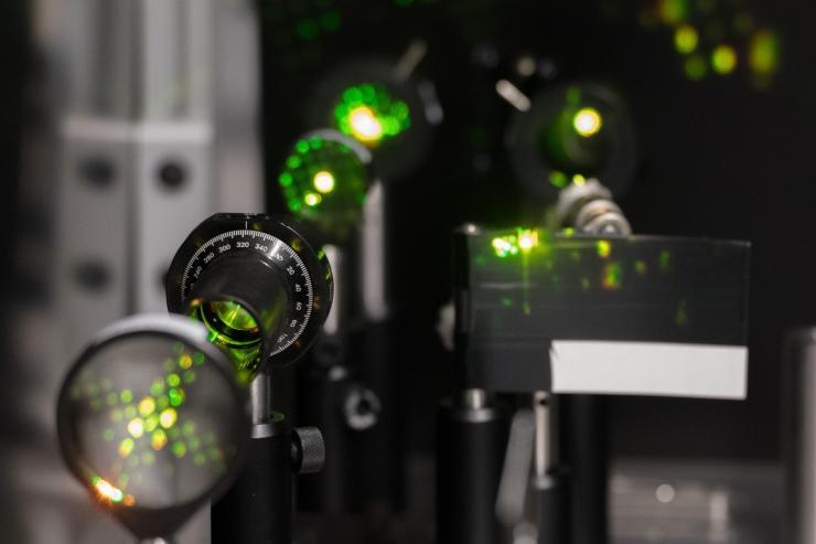 <p>Laser light in the visible range is processed for use in the testing of quantum properties in materials in Carlos Silva's lab at Georgia Tech. Credit: Georgia Tech / Allison Carter</p>