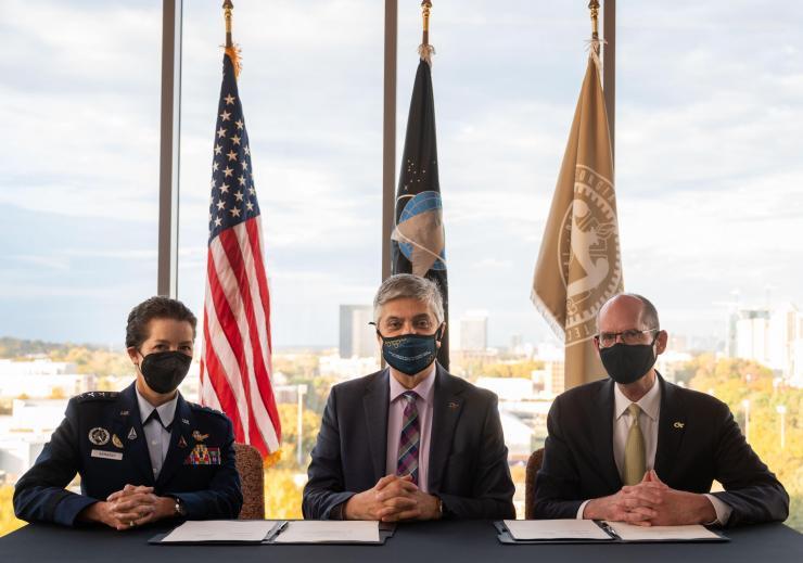 <p>Lt. General Nina M. Armagno, U.S. Space Force director of staff, with Georgia Tech Executive Vice President for Research Chaouki T. Abdallah and Provost Steven W. McLaughlin (L to R).</p>