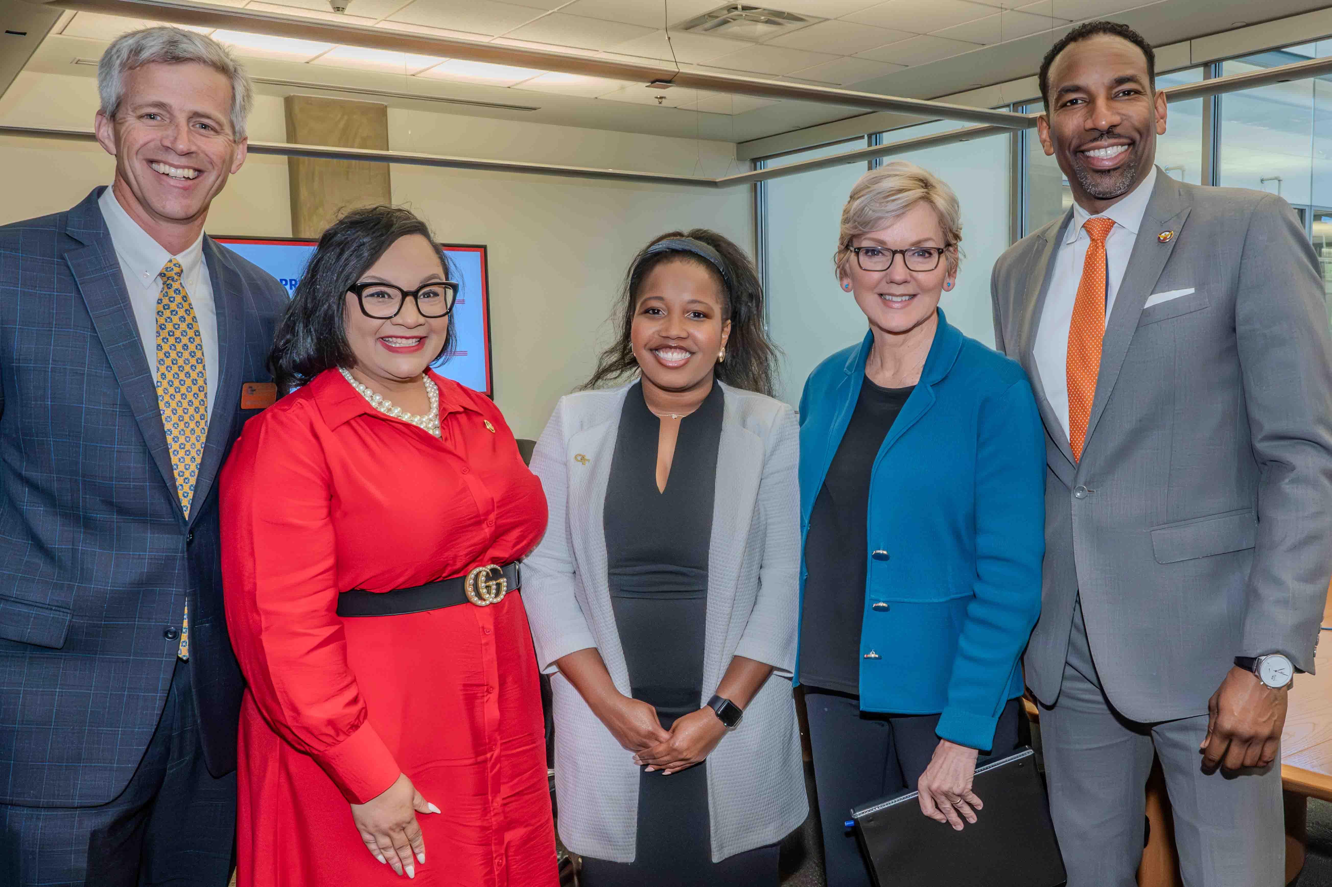 From the Left: SEI Executive Director Tim Lieuwen, U.S. Rep. Nikema Williams, Georgia Tech Student Azell Francis, Secretary Jennifer Granholm, Mayor Andre Dickens