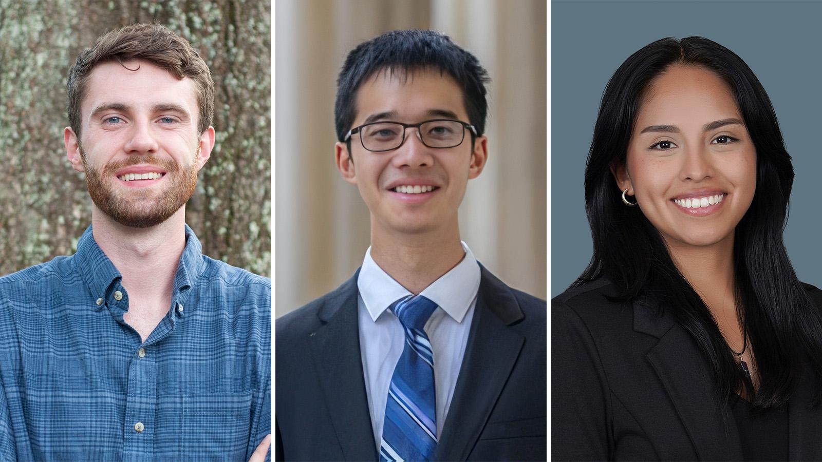 Portrait montage of the first three Byers Family Pathways to Policy Fellows: Taylor Clarke, Vincent Gu, and Jazmin Rivera.