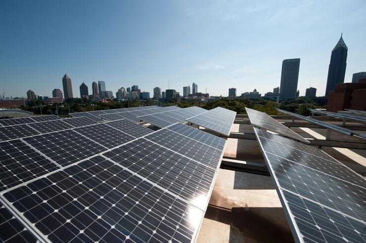 <p>An array of 347 solar panels sits atop the Clough Undergraduate Learning Commons.</p>