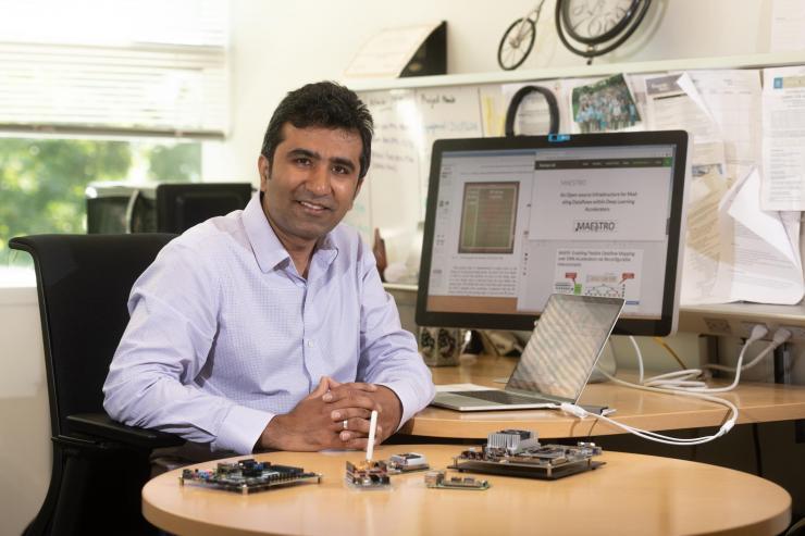 <p>The research of Assistant Professor Tushar Krishna focuses on building hardware platforms to run AI applications efficiently. (Photo: Allison Carter, Georgia Tech)</p>