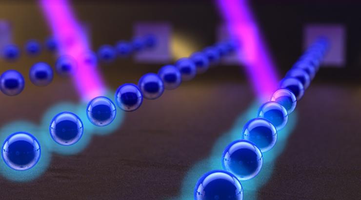 <p>Atoms, here in blue, shoot out of parallel barrels of an atom beam collimator. Lasers, here in pink, can manipulate the exiting atoms for desired effects. Credit: Georgia Tech / Ella Maru studios work for hire</p>