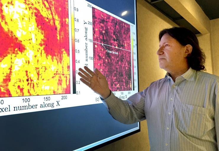 <p>Georgia Tech professor David Citrin is shown with images produced by a terahertz imaging technique. Researchers studied a 17th century painting using a terahertz reflectometry technique to analyze individual paint layers.(Credit: John Toon, Georgia Tech)</p>