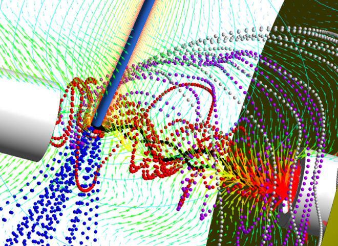 <p>This schematic represents how the DRILL device operates as it transmits ions to the mass spectrometer using a carefully-designed vortex flow. (Courtesy Peter Kottke, Georgia Tech)</p>