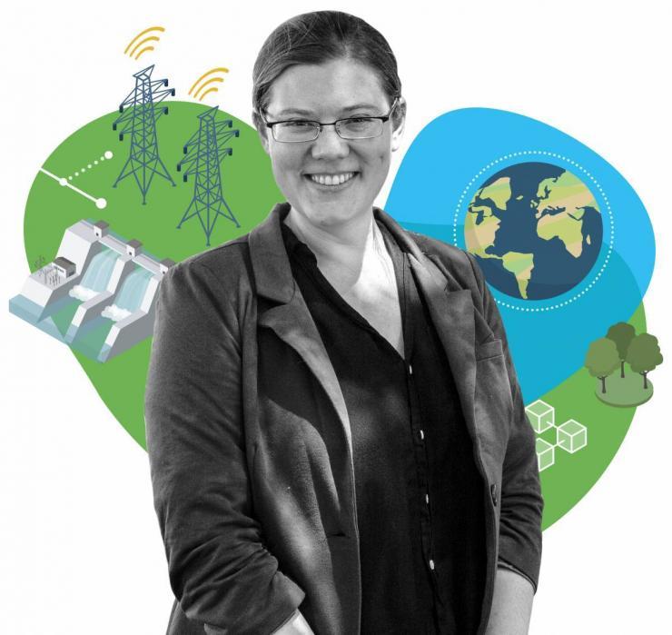 <p>Portrait of Emily Grubert with Earth, environment, and infrastructure graphics in the background.</p>