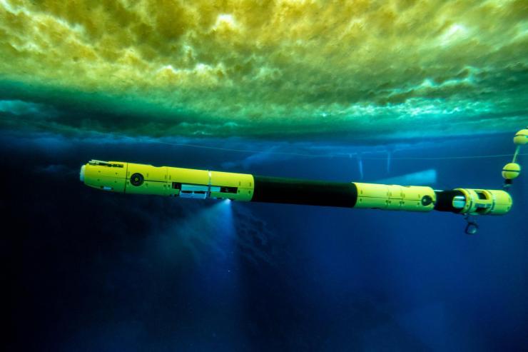 <p>Icefin swimming under the sea ice near McMurdo station, Antarctica. This image was taken from the observation tube. Credit: RISEUP/J.Lawrence</p>