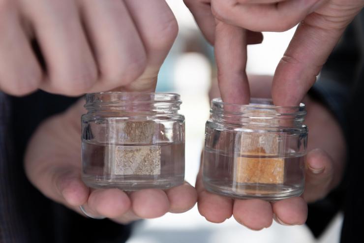 <p>Treated and untreated pieces of lumber submerged in water. The lumber on the left has been treated using atomic layer deposition. It resists absorbing water even when submerged. On the right is untreated lumber shown for comparison. It readily soaks up water, causing a color change within seconds. (Credit: Allison Carter, Georgia Tech)</p>