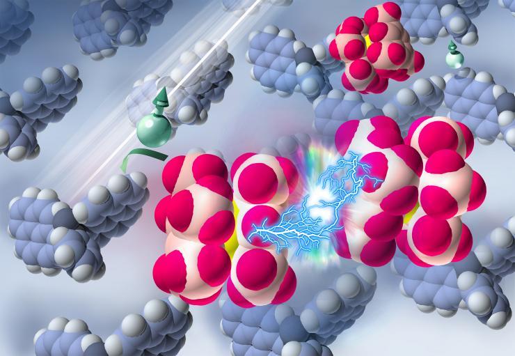 <p>Researchers used ultraviolet light to excite molecules in a semiconductor, triggering reactions that split up and activated a dopant. Credit: Princeton University / Jing Wang and Xin Lin</p>