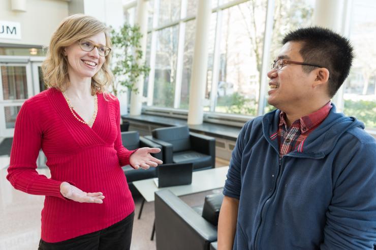 <p>Researchers from Emory University and Georgia Tech have demonstrated the connection between abnormal folding of proteins and the emergence of life. Shown are Martha Grover, a professor in the Georgia Tech School of Chemical &amp; Biomolecular Engineering and graduate research assistant Ming-Chien Hsieh. (Credit: Rob Felt, Georgia Tech) </p>